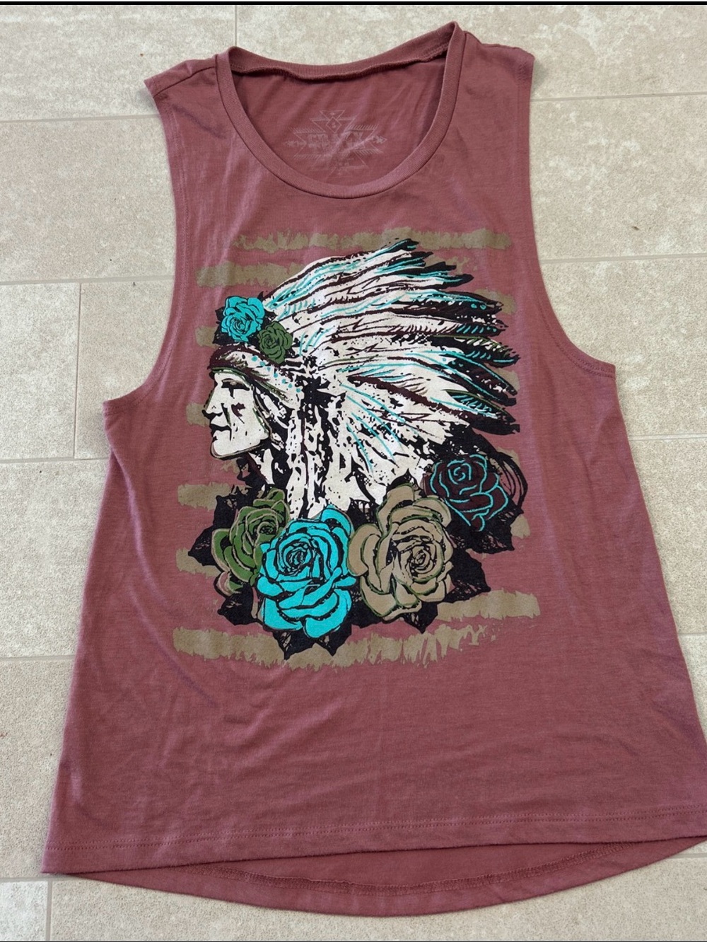 Womens CRAZY TRAIN aztec Indian Head Dress Pink Tank top Small western boss babe